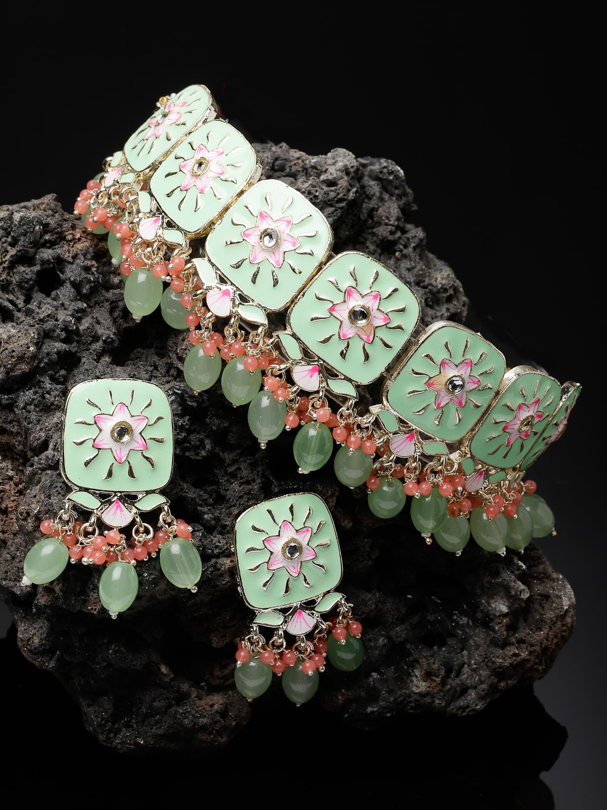 Square Mint Green Enamel Choker Set with Earrings